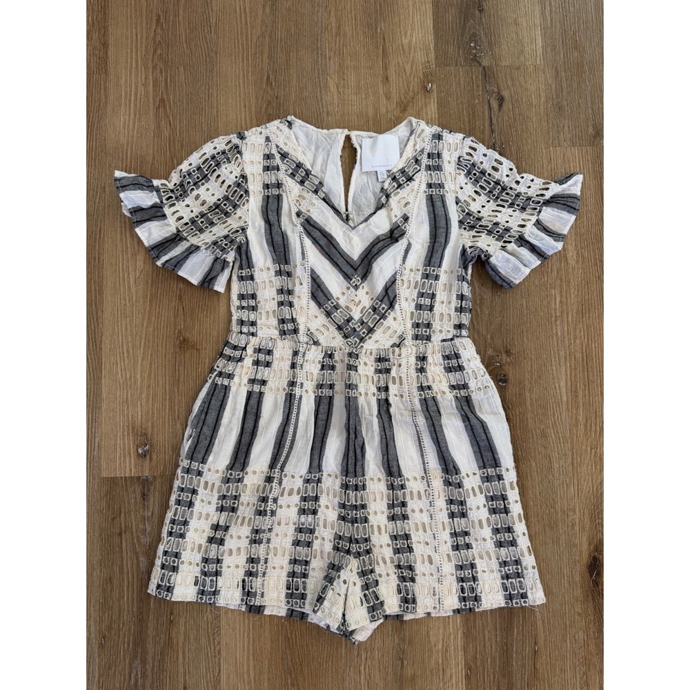 Anthropologie Ett:Twa Romper Women 6 Black White Striped Eyelet Lace Ruffle Boho